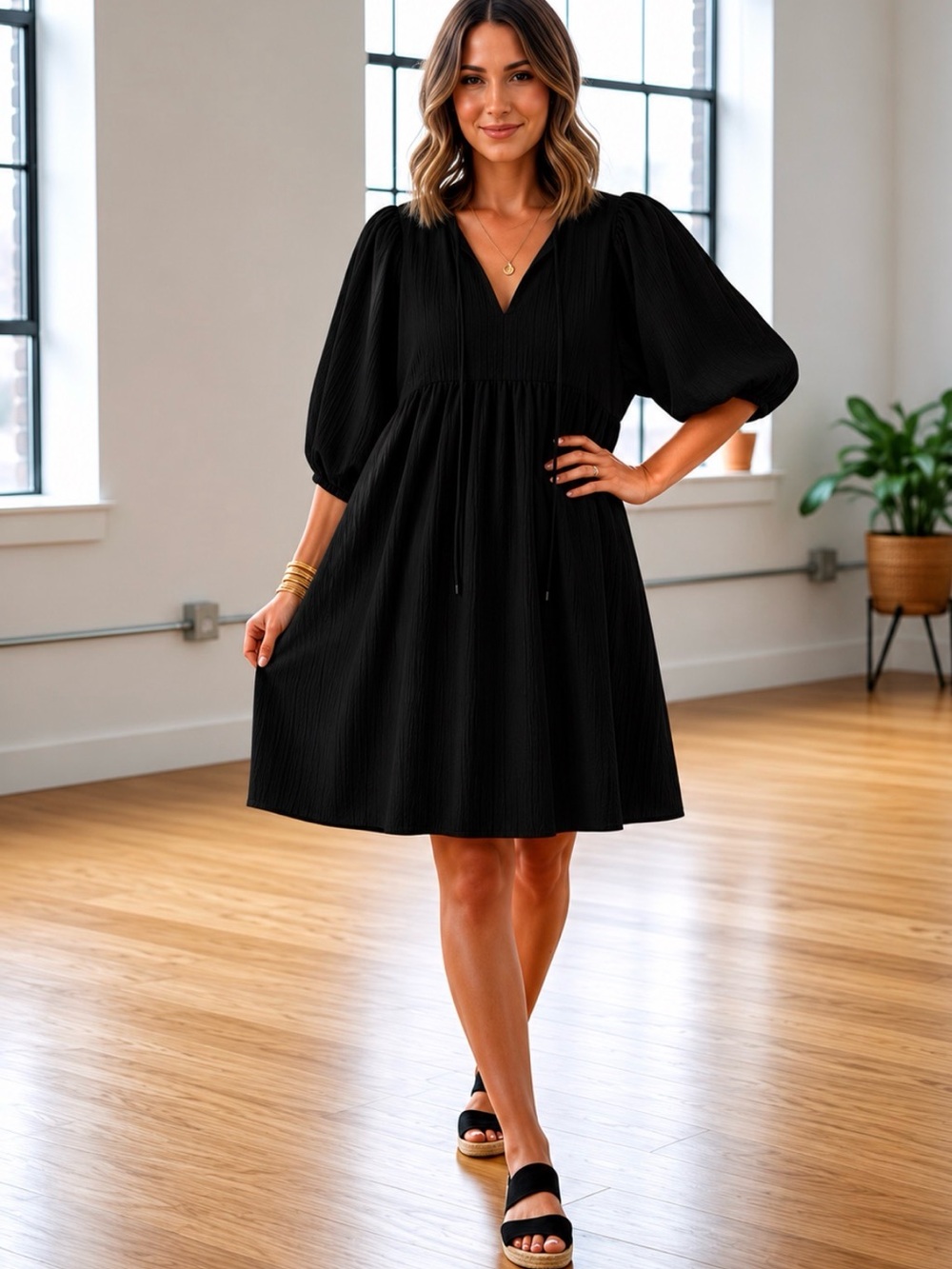 NWT entro Black V-Neck Puff Sleeve Mini Dress